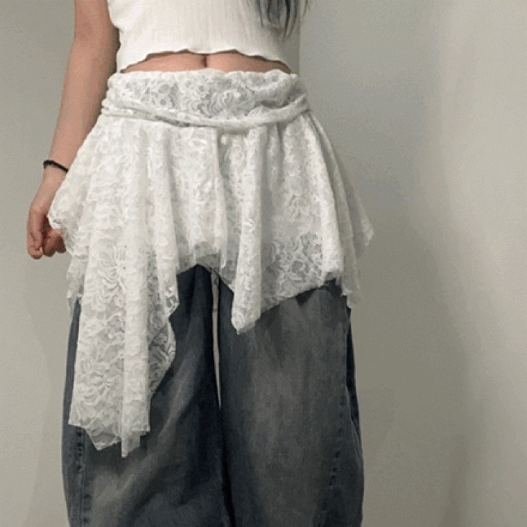 여성 시스루 언발 레이어드 스커트 레이스 미니 치마 2color 속바지 밴딩 프릴 셔링 플레어 블랙 화이트