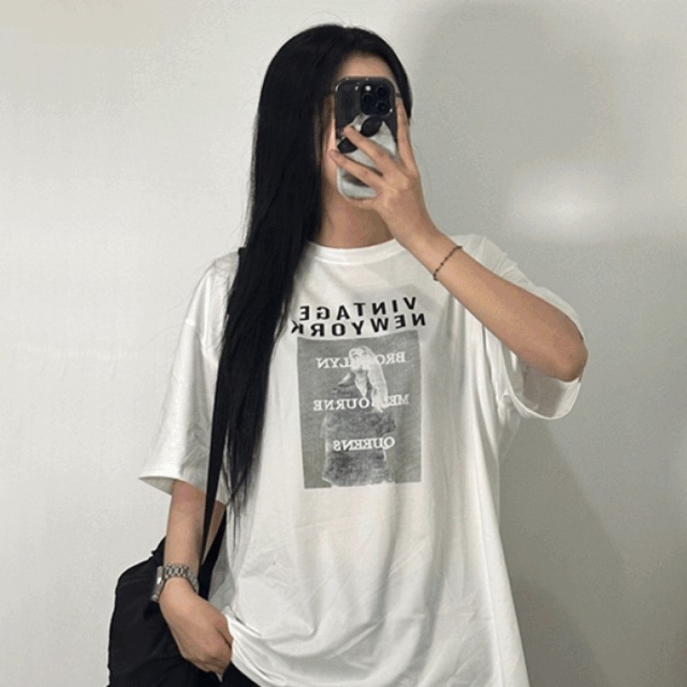 오버사이즈 빈티지 프린팅 티 반팔 티셔츠 3color 데일리 오버핏 레터링 여름 박스티 블랙 베이지 화이트 - 상품 이미지