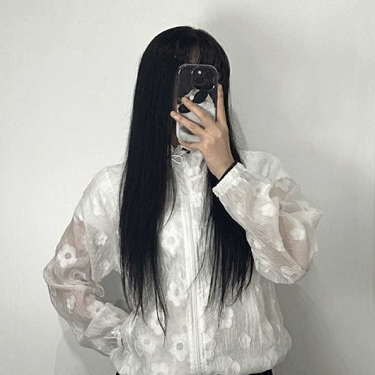 여성 시스루 플라워 여름 바람막이 자켓 살안타템 꽃 윈드브레이커 장마룩 루즈핏 점퍼 스트링 집업 아우터 - 메인 이미지