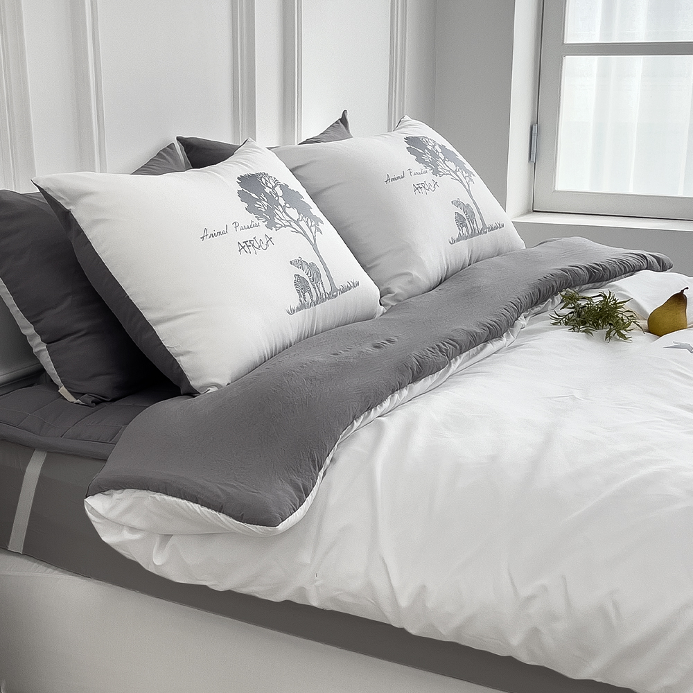 사바나 애니멀 프린트 워싱 옥수수솜 무봉제 차렵이불 세트 스톰 그레이, Q베이직세트(이불+베개커버)