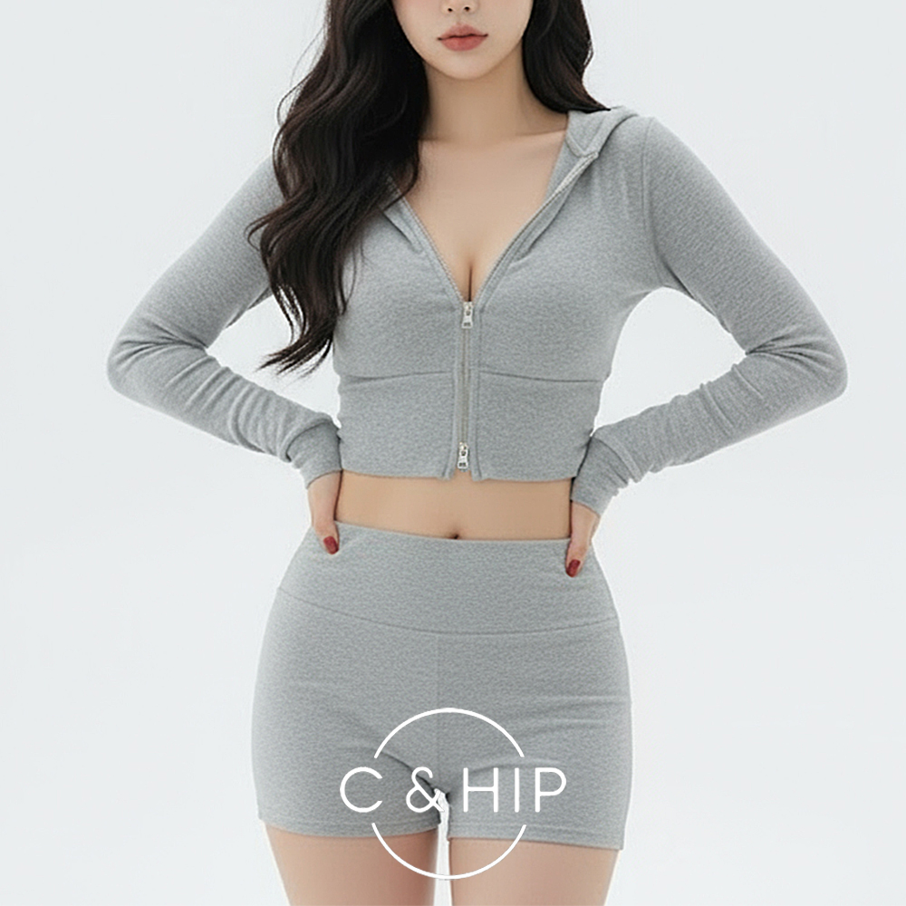 베이 크롭 후드 집업 반바지 로우웨스트 숏팬츠 여행 트레이닝복 세트 4color - 메인 이미지