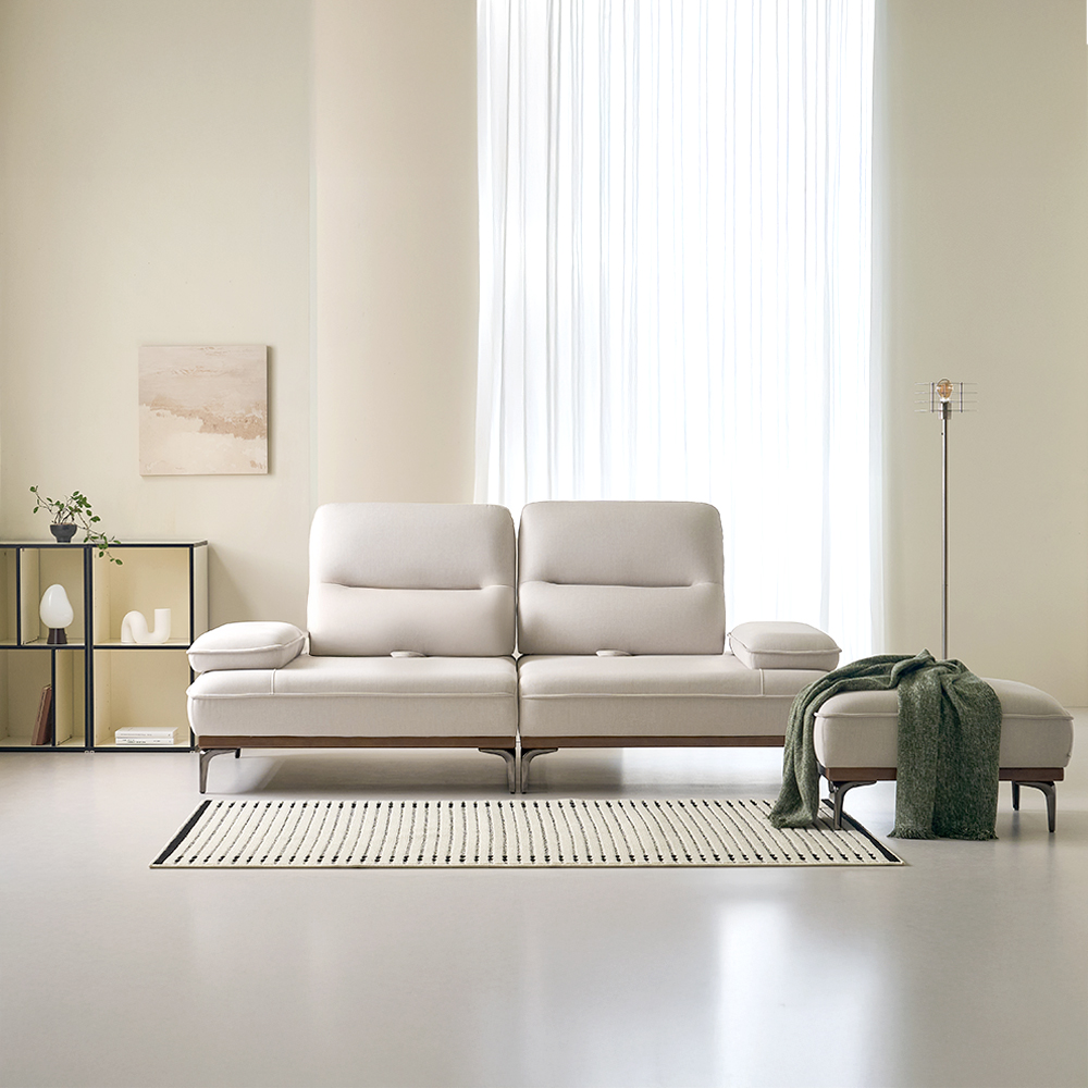 누아 듀얼 스윙 소파 천연원목 이지클린 프리미엄 패브릭 소파 스툴미포함, 라이트베이지, 3인용