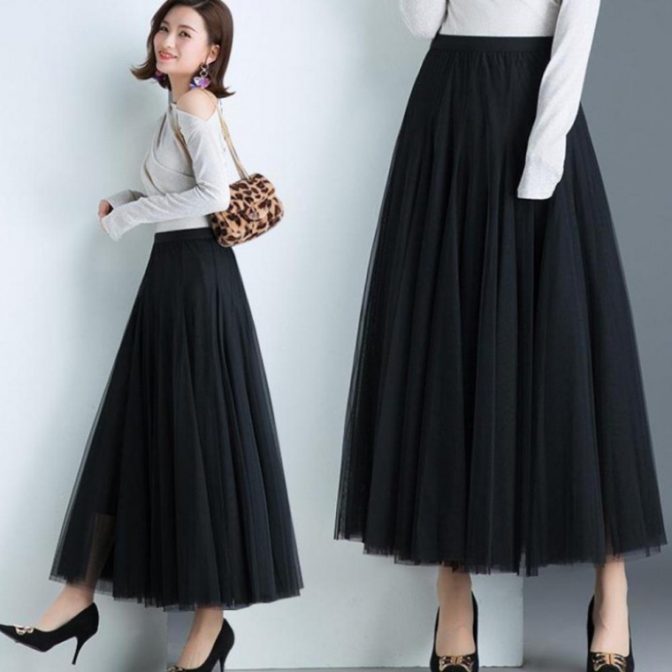 쁘띠 쉬폰 롱 치마 망사 프릴웨이브 밴딩 스커트