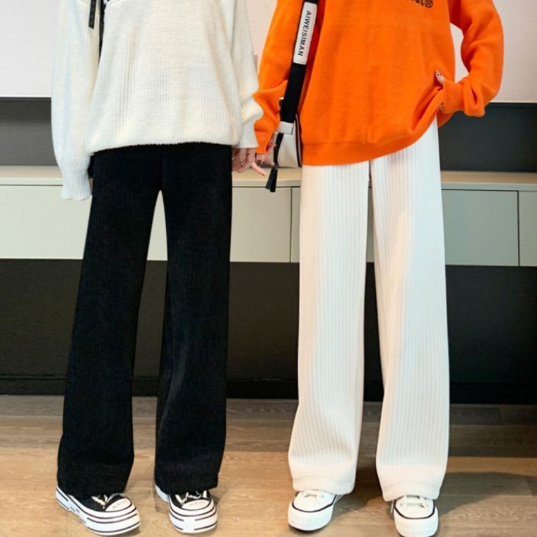 코듀로이 여성 기모 와이드 바지 부드러운 밴딩 팬츠 - 상품 이미지