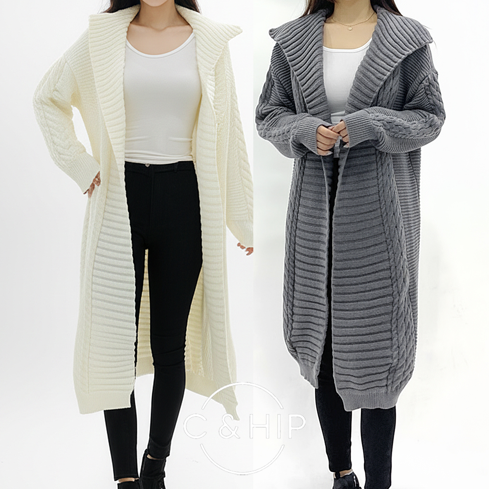 오픈 카라숄 오버핏 루즈핏 꽈배기 니트 롱가디건 2color - 메인 이미지