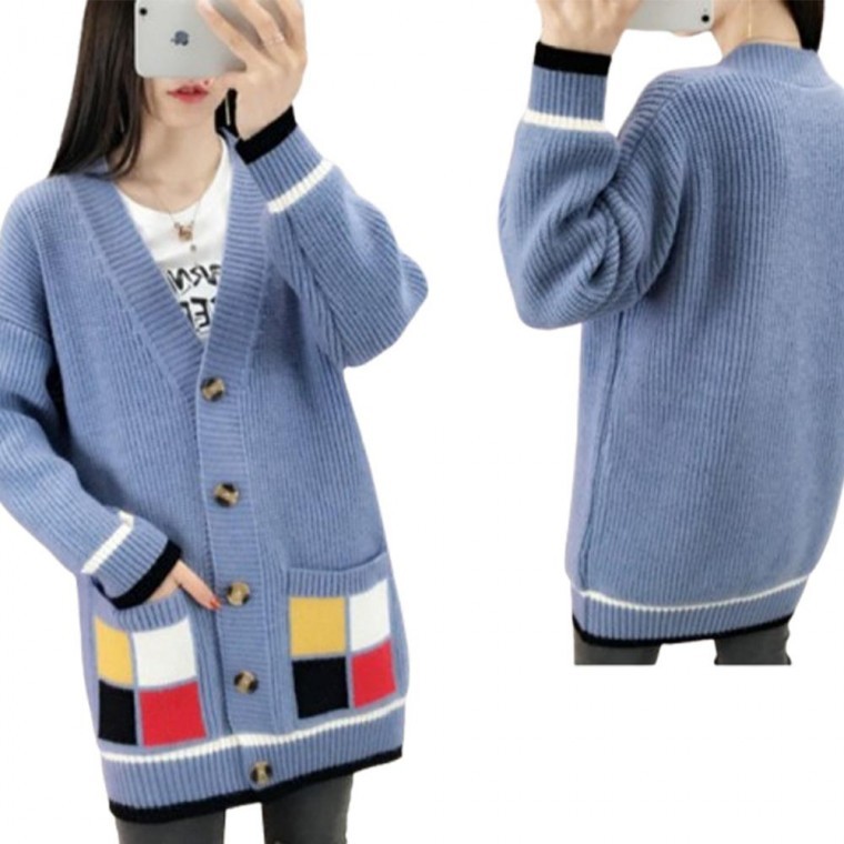 브이넥 니트가디건 루즈핏 데일리 겨울 포켓 가디건 - 메인 이미지