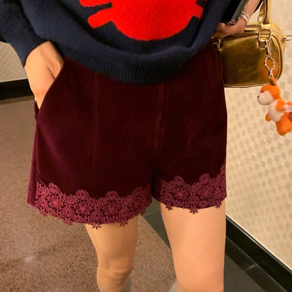 밑단레이스포인트 밴딩 벨벳반바지 캐주얼 편한 가을겨울 예쁜 디자인 와인레드퍼플 - 상품 이미지