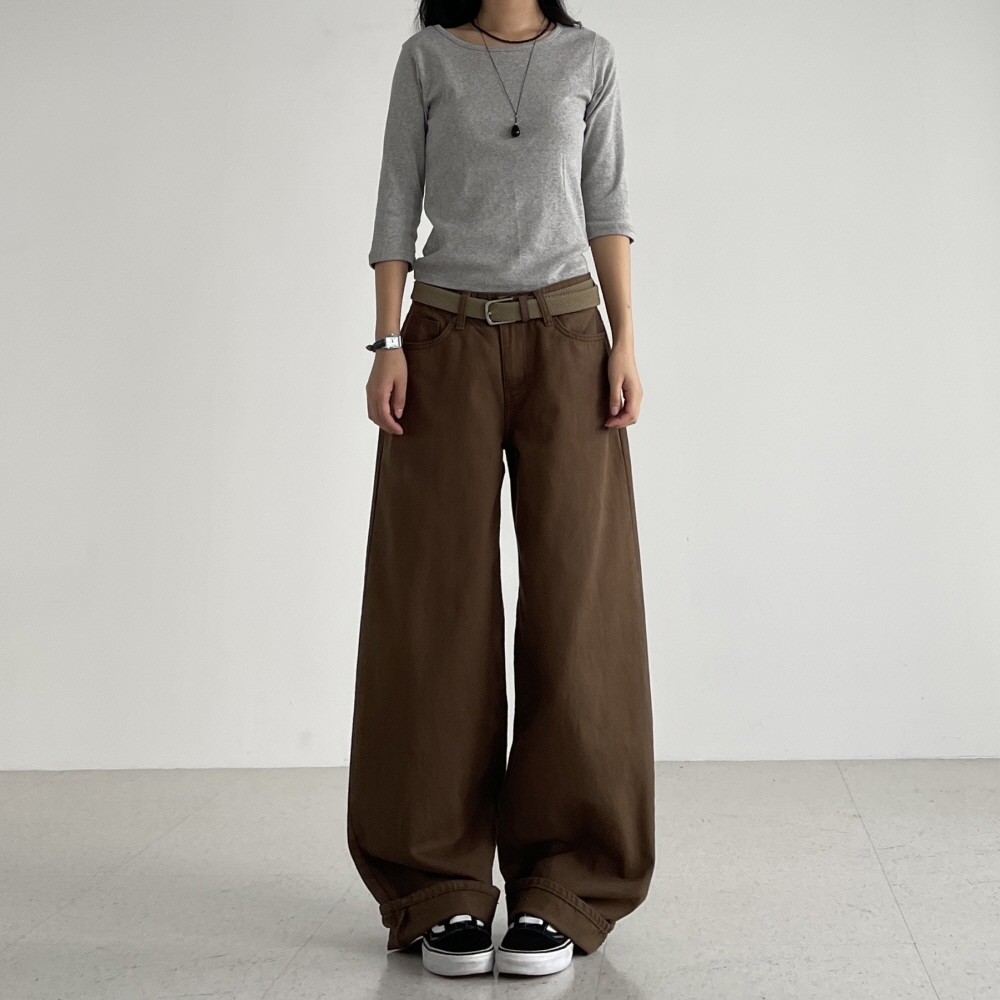 oot 여성와이드팬츠 여자 봄 가을 면바지 크림색 브라운 블랙팬츠 모먼트 벌룬와이드 - 상세 이미지 5
