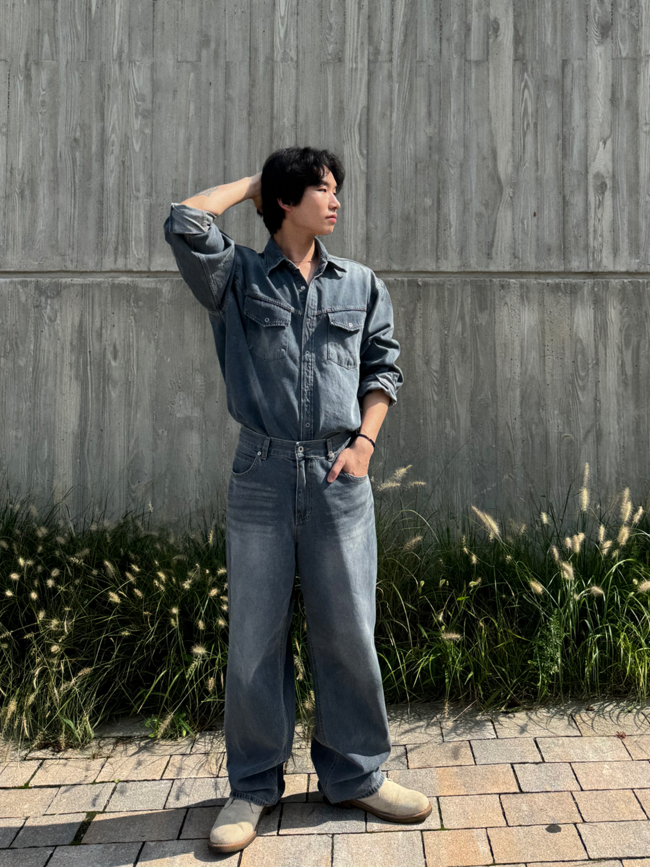 (남방+바지) 세인 웨스턴 데님 셋업 세트 / 봄 가을 오버 청셔츠 와이드 청바지 이미지 6
