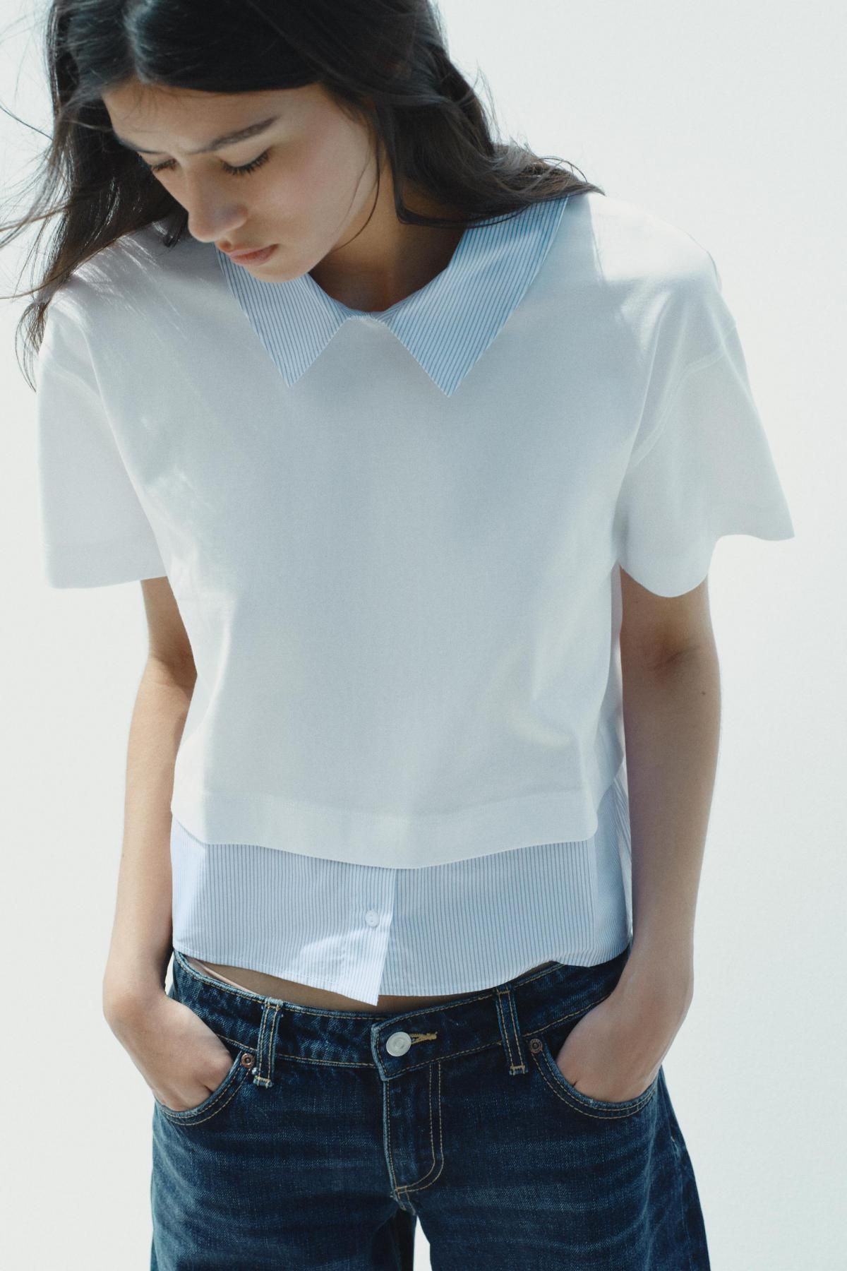 자라 스트라이프 배색 라운드넥 반팔 티셔츠 0264/804 WHITE - 상세 이미지 3