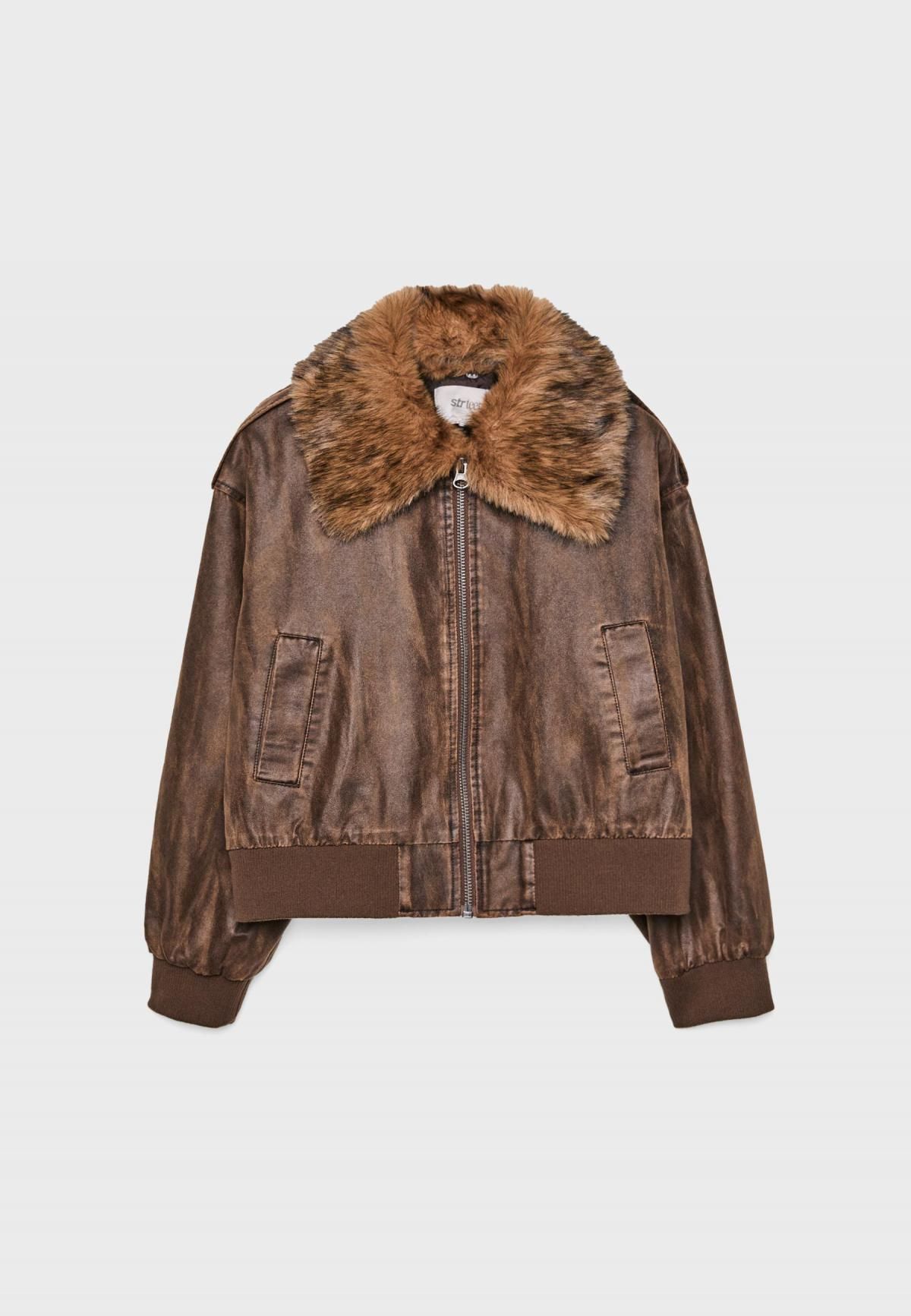 스트라디바리우스 페이크 퍼 테크니컬 크롭 무스탕 자켓 8482/721 BROWN - 상품 이미지