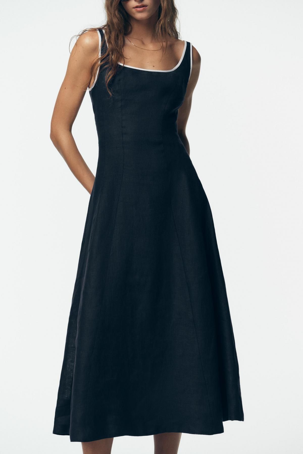 자라 린넨 플레어 라운드넥 스트랩 미디 원피스 8214/386 NAVY BLUE - 상세 이미지 3