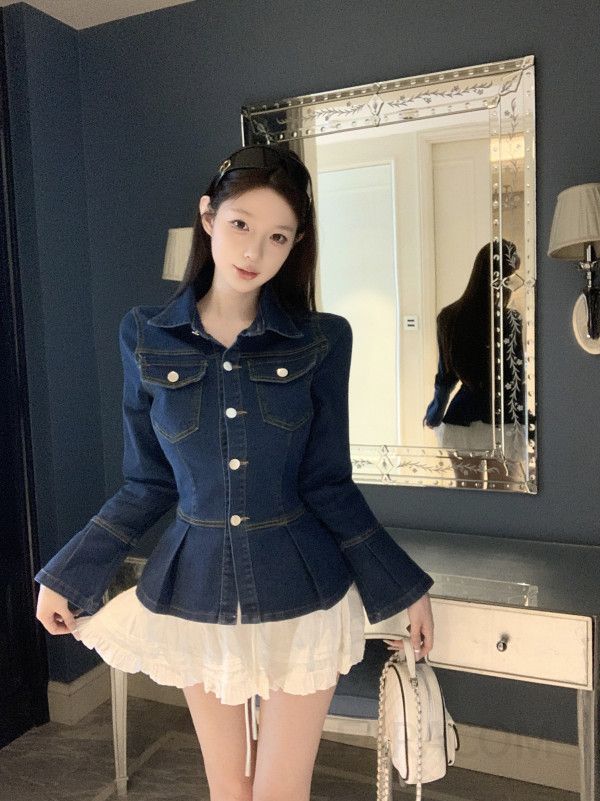 여성 워싱 데님 청자켓 카라넥 슬림핏 허리 플레어 라인 버튼업 봄 가을 캐주얼 아우터 - 상세 이미지 3