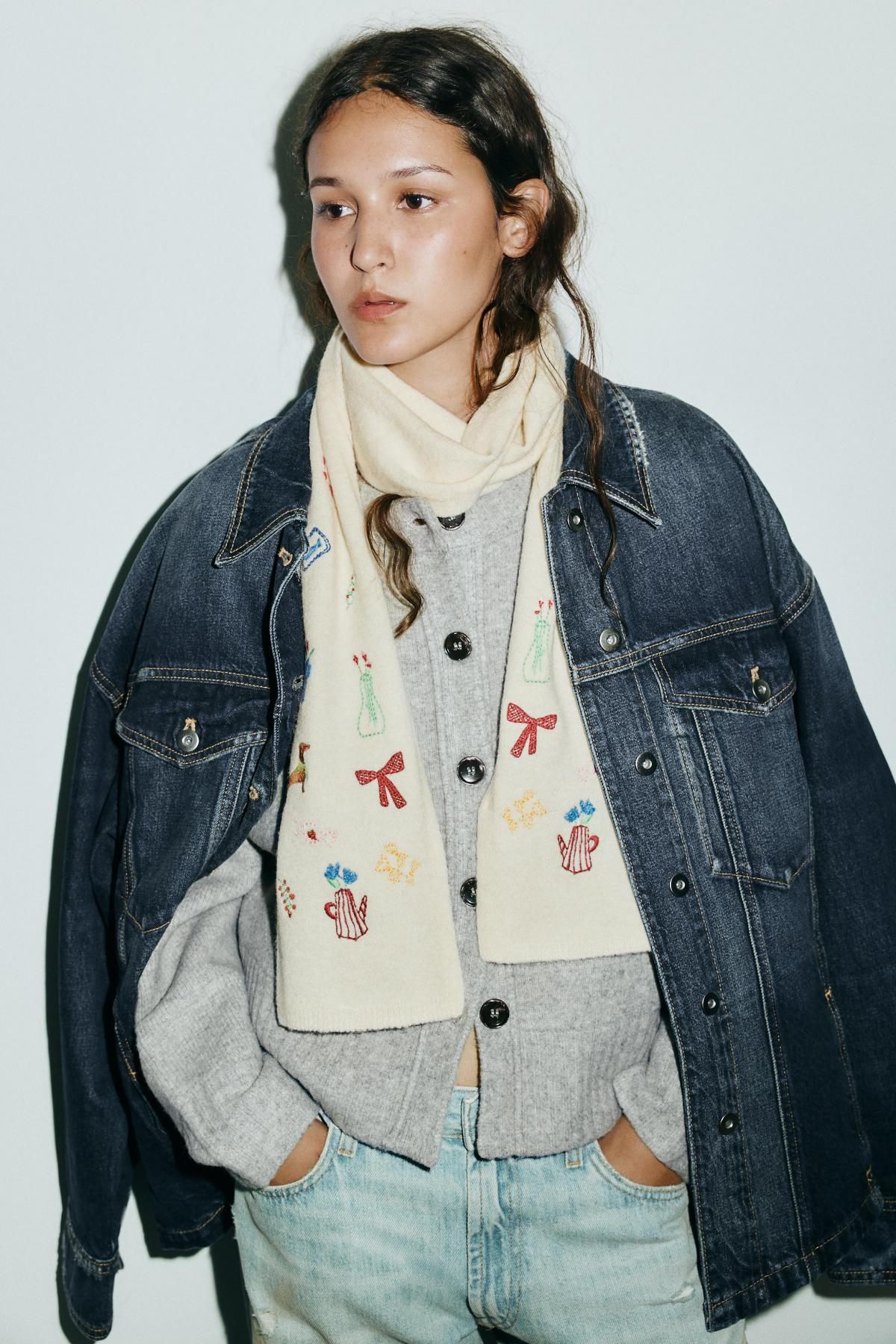 자라 니트 울 블렌드 자수 멀티컬러 스카프 3739/205 ECRU - 상세 이미지 2