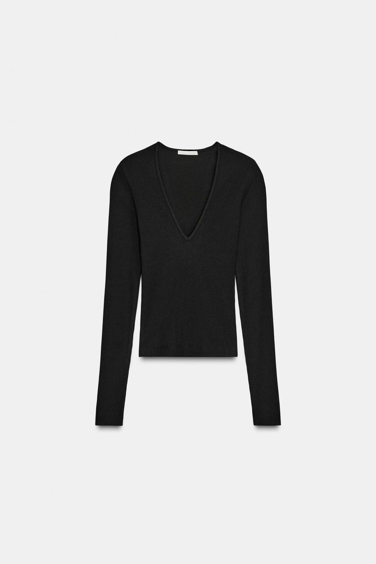 자라 슬림핏 브이넥 골지 긴팔 니트 탑 3253/838 BLACK - 상품 이미지