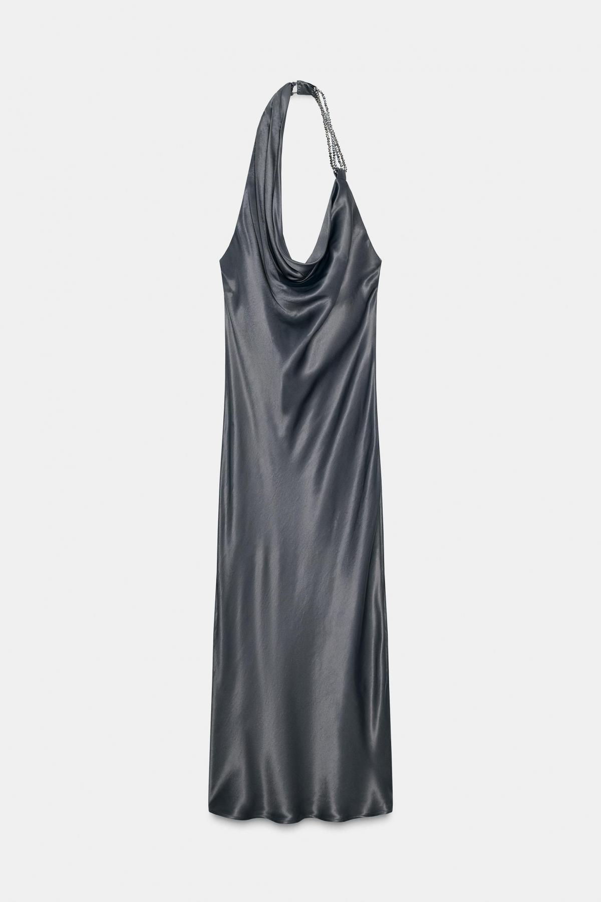 자라 글램 새틴 비즈 비대칭 미디 원피스 5029/208 ANTHRACITE GREY - 상품 이미지