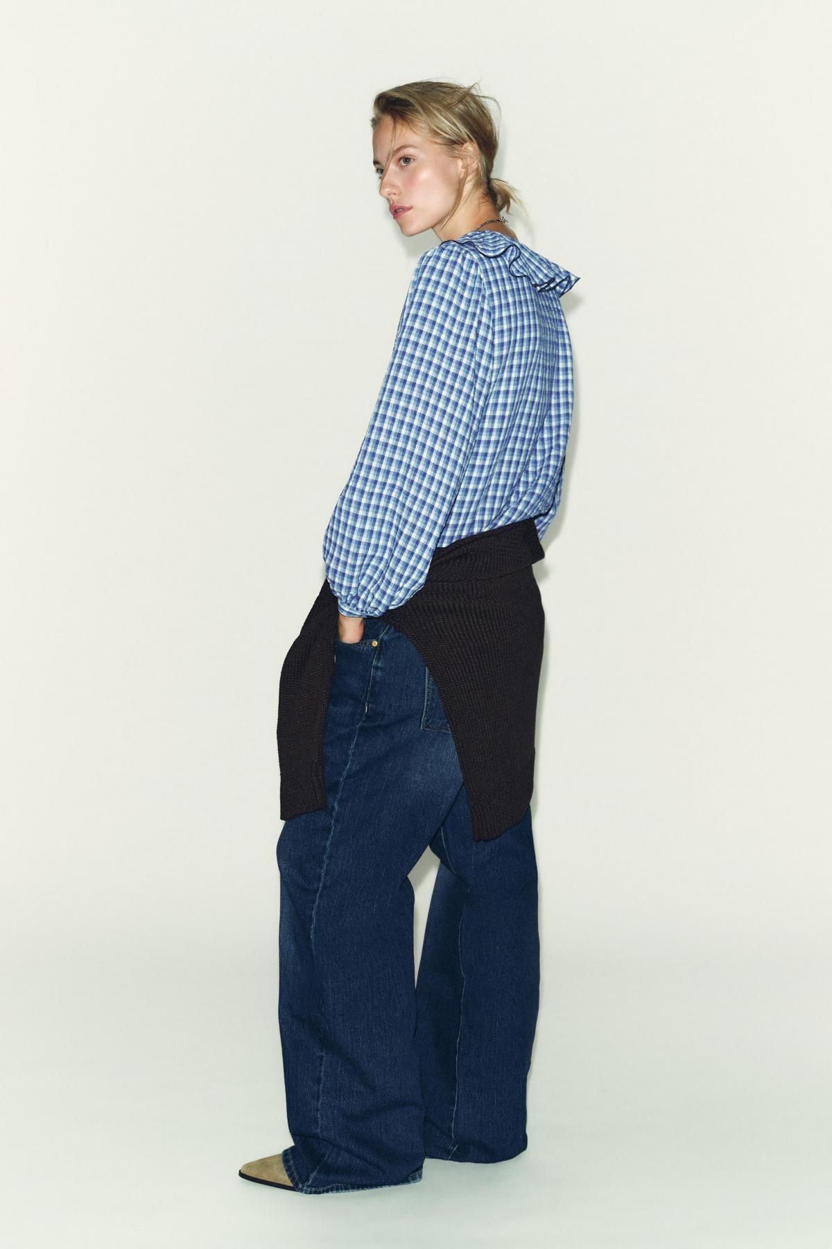 자라 체크 러플 브이넥 리본 블라우스 9226/867 BLUE/WHITE - 상세 이미지 4