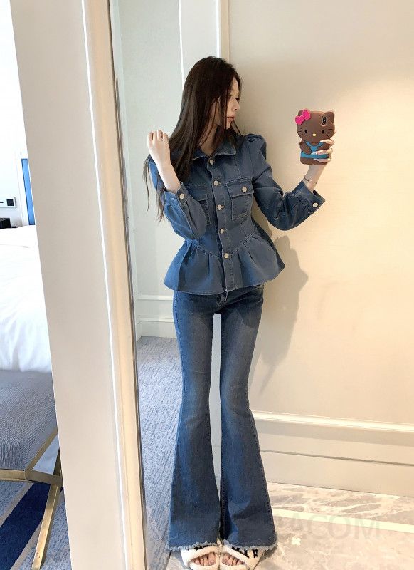 여성 허리라인 슬림핏 워싱 데님 자켓 개더 퍼프소매 긴팔 청자켓 봄 가을 데일리 아우터 - 상세 이미지 3