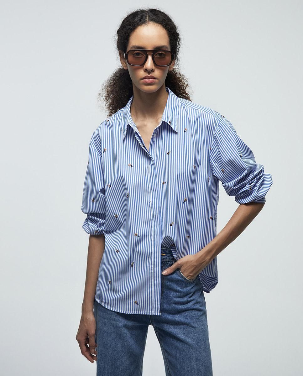 스페라 플라워 자수 스트라이프 블루 긴팔 셔츠 58420207977 AZUL CLARO - 상세 이미지 2