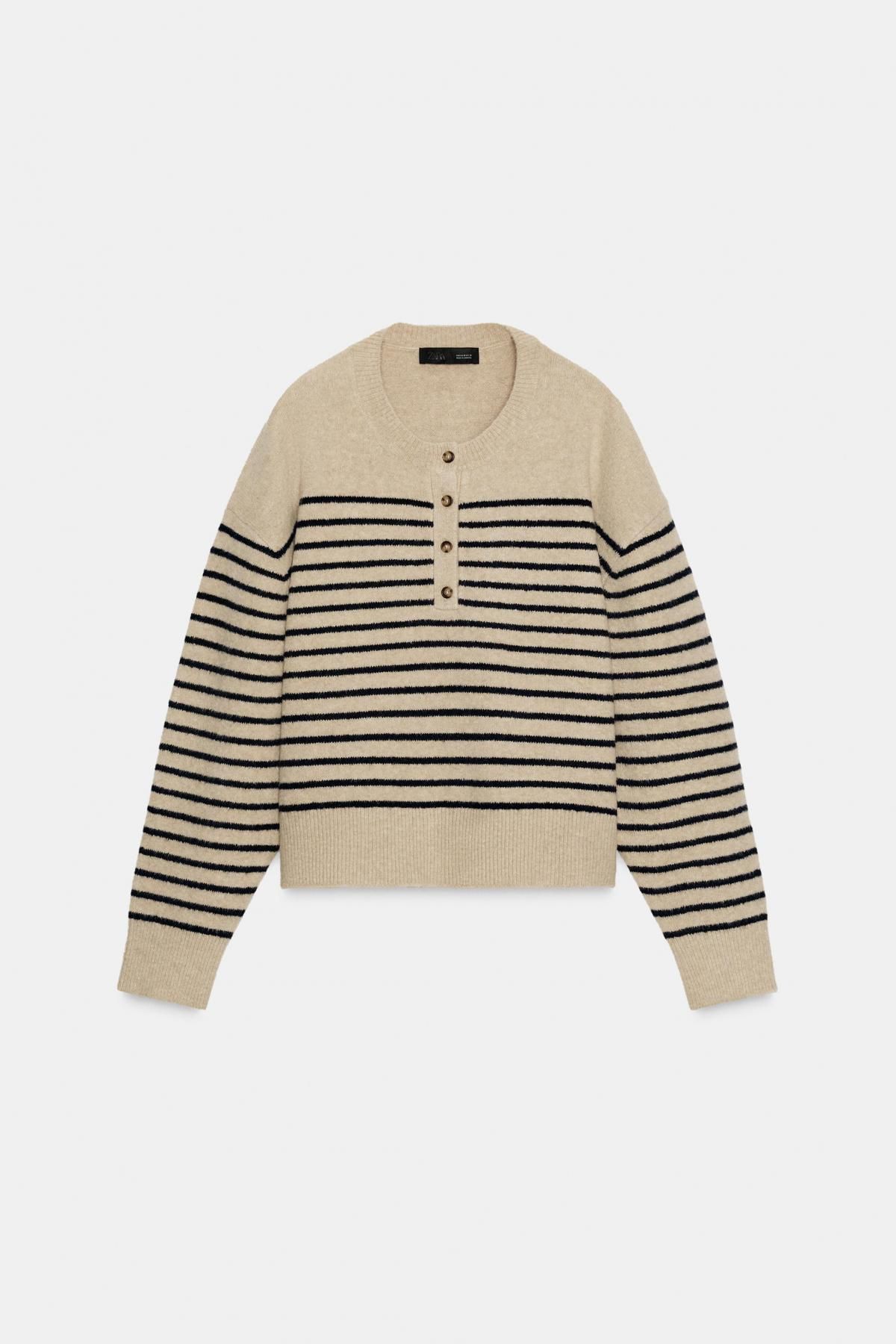 자라 스트라이프 버튼 라운드넥 니트 스웨터 1509/103 BEIGE / NAVY - 메인 이미지
