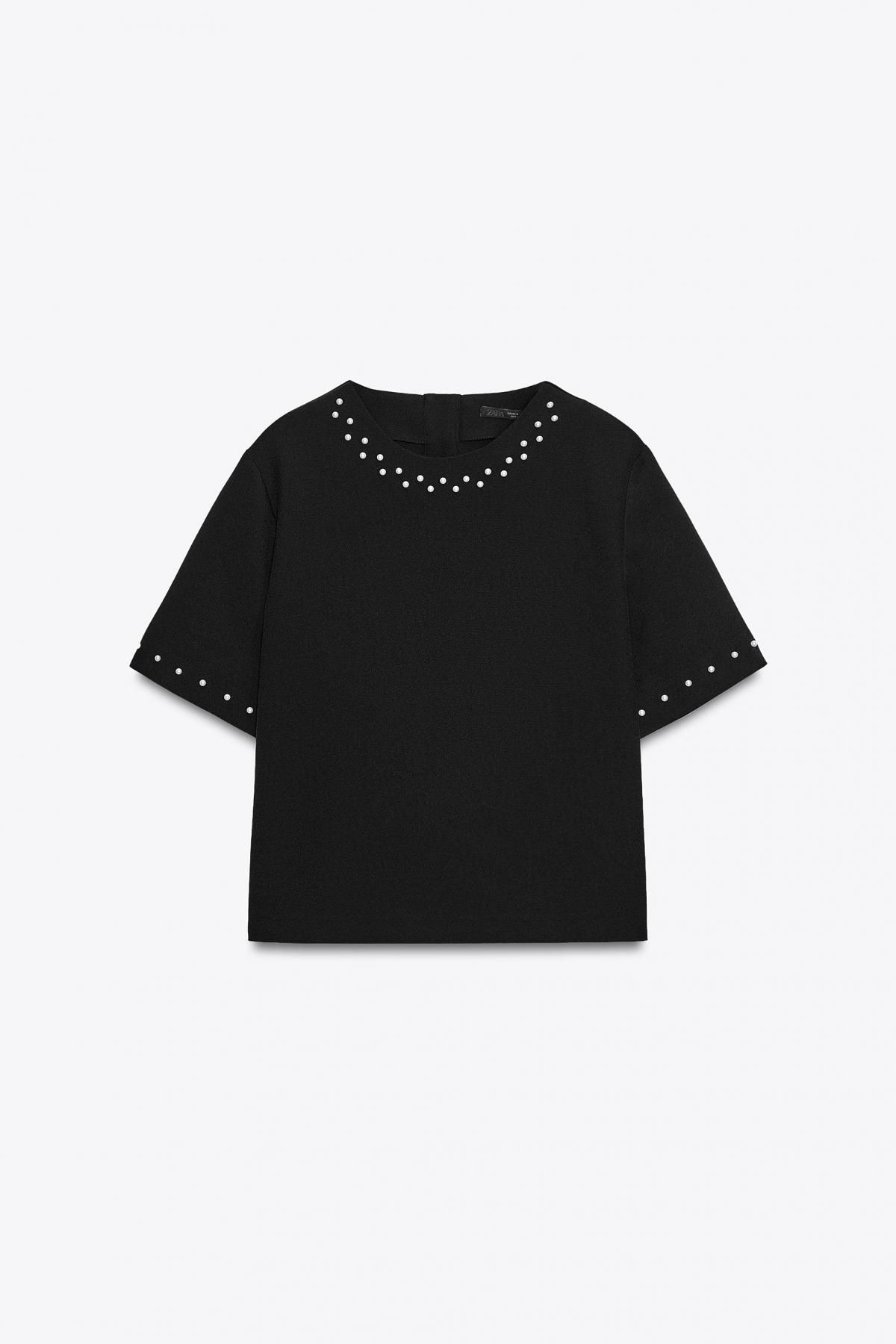자라 진주 장식 라운드넥 반팔 티셔츠 3897/175 BLACK - 메인 이미지