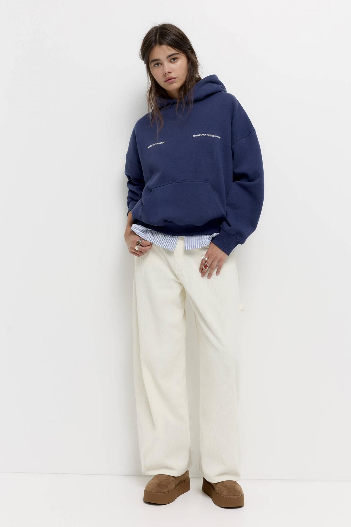 풀앤베어 오버핏 다크블루 코튼블렌드 슬로건 후드티 7560/338 NAVY - 상세 이미지 5
