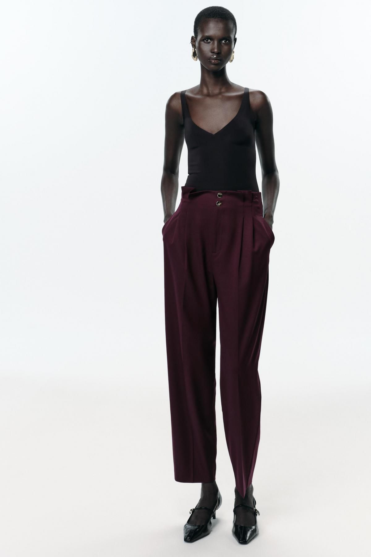 자라 테일러드 하이웨이스트 버건디 페이퍼백 팬츠 9034/587 BURGUNDY - 상세 이미지 2