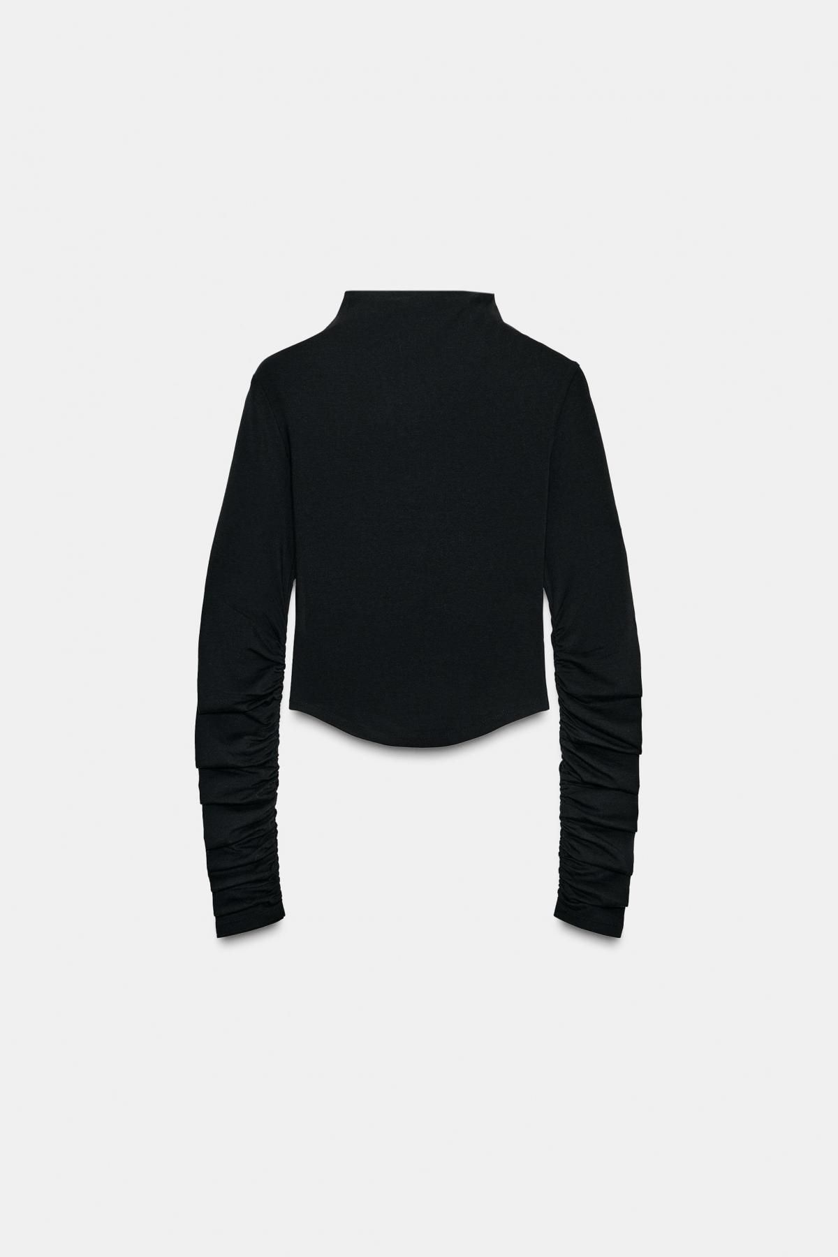 자라 코튼 모달 셔링 하이넥 긴팔 티셔츠 3253/829 BLACK - 메인 이미지
