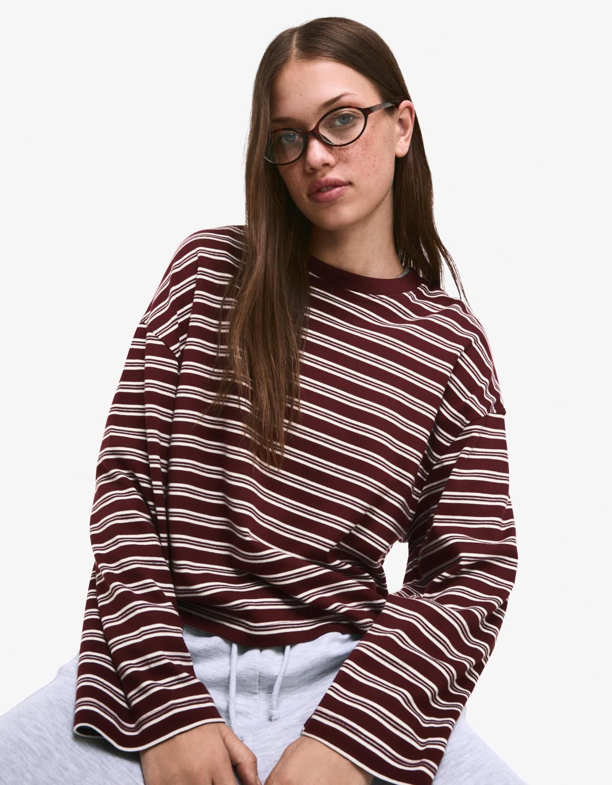 버쉬카 스트라이프 크롭 긴팔 티셔츠 7547/443 BURGUNDY - 상세 이미지 4