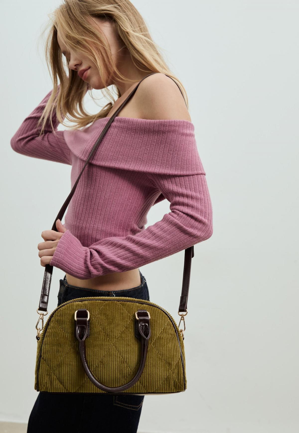 스트라디바리우스 퀼팅 코듀로이 배색 볼링백 3681/911 OLIVE GREEN - 상세 이미지 5