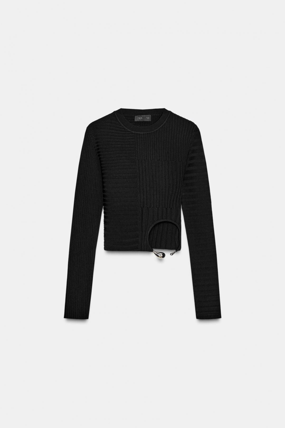 자라 메탈 장식 라운드넥 크롭 골지 니트 탑 3653/112 BLACK - 메인 이미지