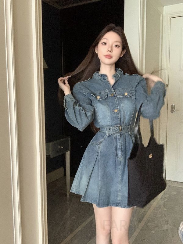 여성 가을 카라 벨티드 데님 롱 원피스 A라인 퍼프소매 워싱 청 셔츠 드레스 - 상세 이미지 2