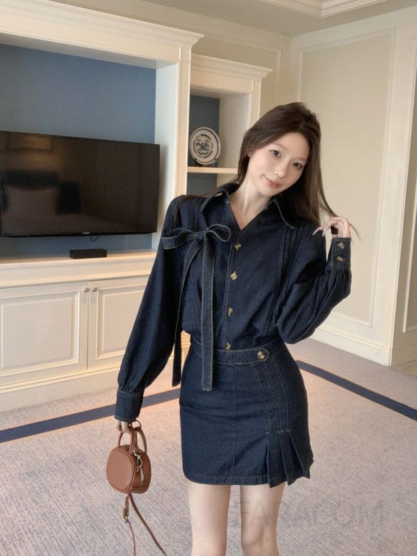 여성 가을 데님 투피스 청청셋업 세련된 자켓과 스커트 모던한 스타일 캐주얼 코디 생지 청세트 - 상품 이미지