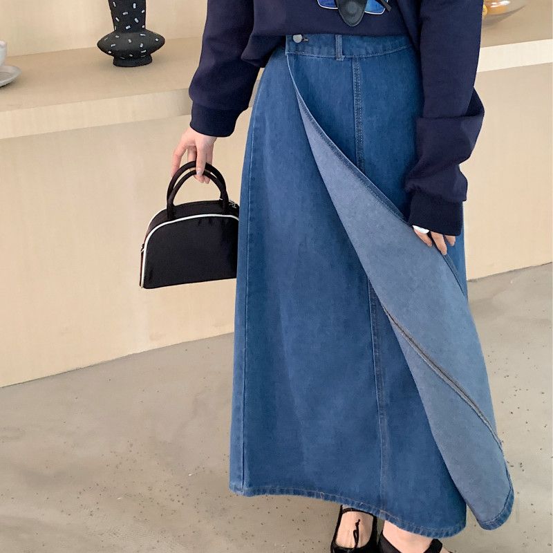 여성 빈티지 워싱 데님 A라인 롱스커트 하이웨스트 미디 데일리 오피스룩 버튼 봄 가을 - 메인 이미지