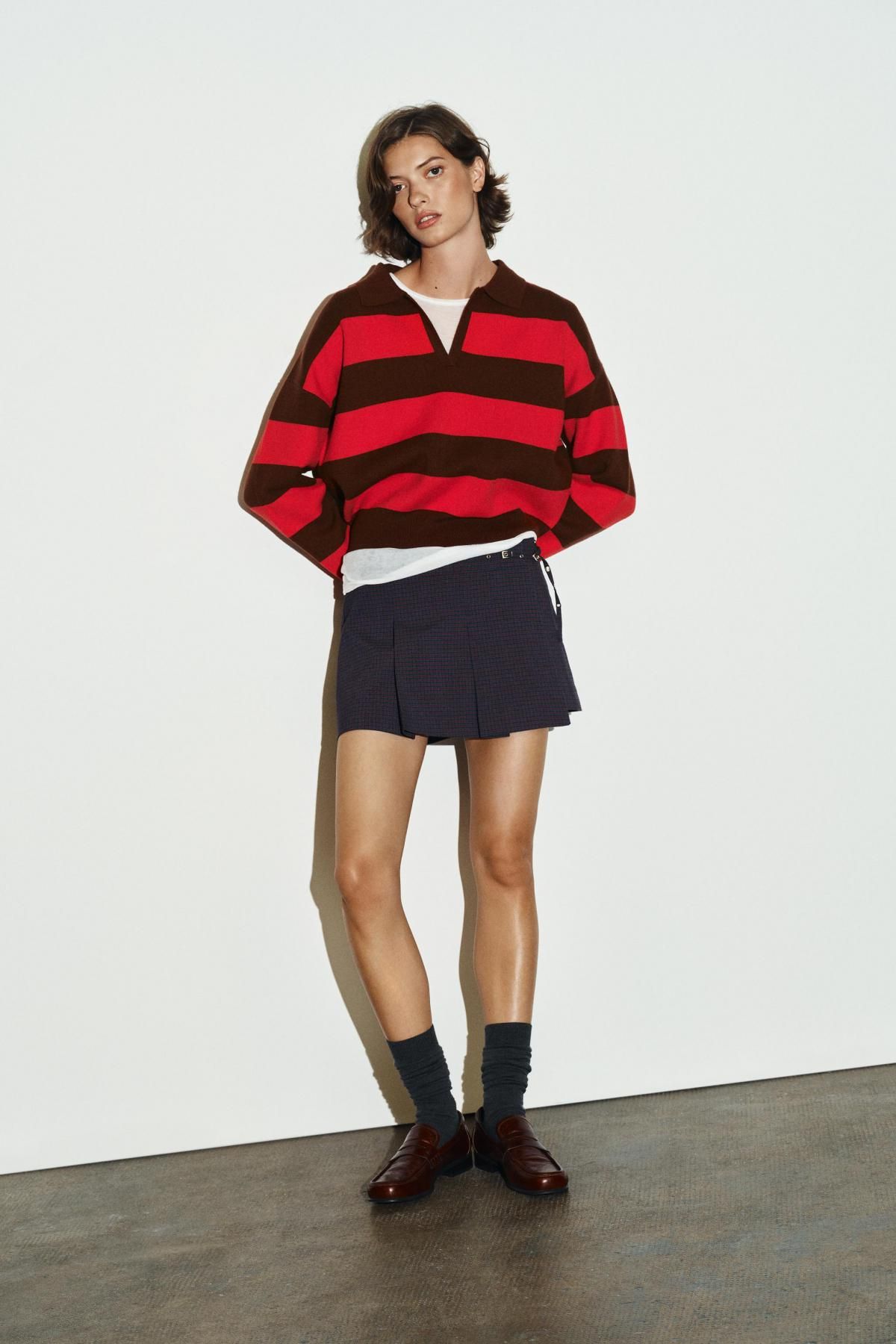 자라 체크 플리츠 벨트 스커트 팬츠 3152/523 RED/NAVY - 상세 이미지 2
