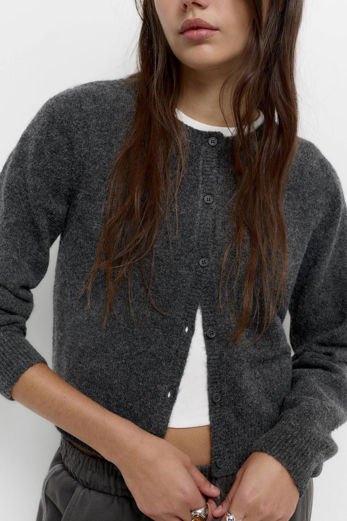 풀앤베어 라운드넥 심플 니트 크롭 가디건 7553/302 ANTHRACITE GREY - 상세 이미지 5