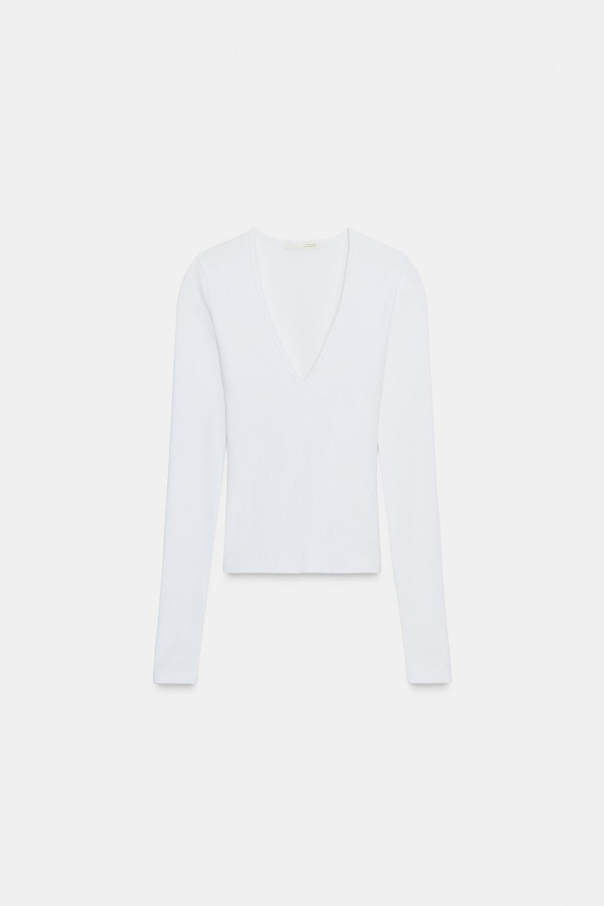 자라 베이직 브이넥 골지 니트 긴팔 탑 3253/838 WHITE - 상품 이미지