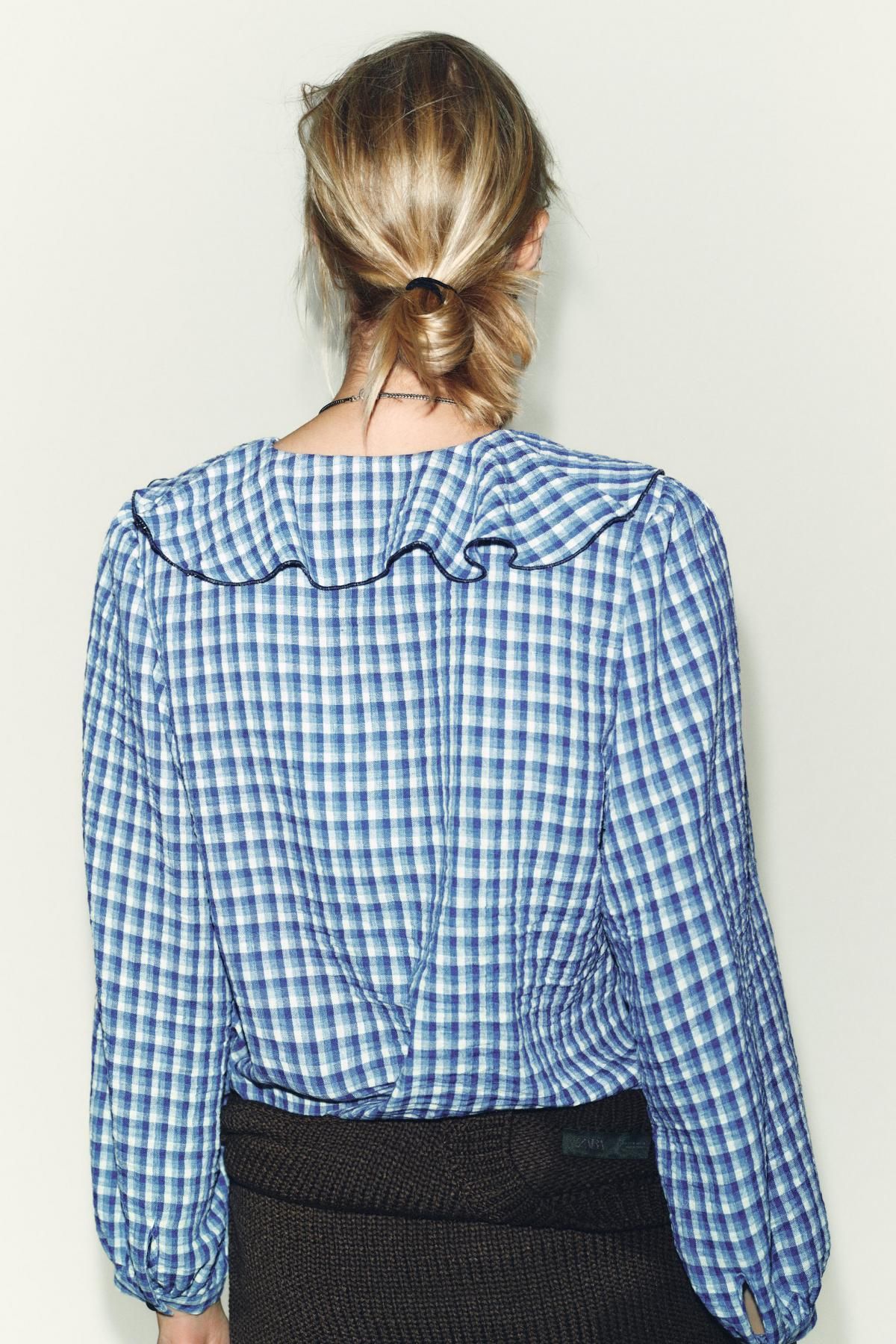 자라 체크 러플 브이넥 리본 블라우스 9226/867 BLUE/WHITE - 상세 이미지 5