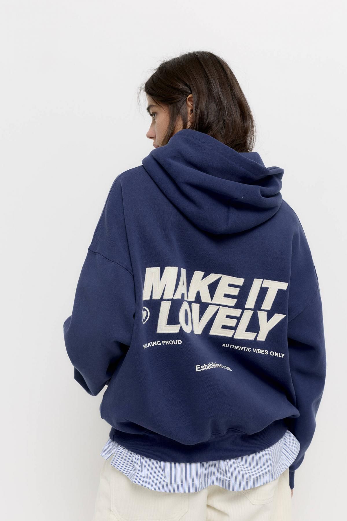 풀앤베어 오버핏 다크블루 코튼블렌드 슬로건 후드티 7560/338 NAVY - 상세 이미지 3