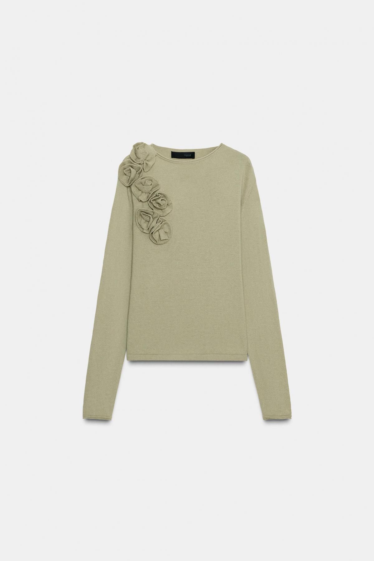 자라 플로럴 라운드넥 울 니트 스웨터 9598/232 LIGHT KHAKI - 상품 이미지