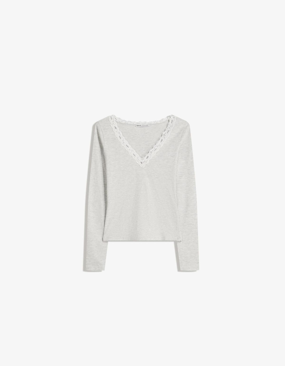 버쉬카 레이스 브이넥 긴팔 티셔츠 7803/443 GREY - 상품 이미지