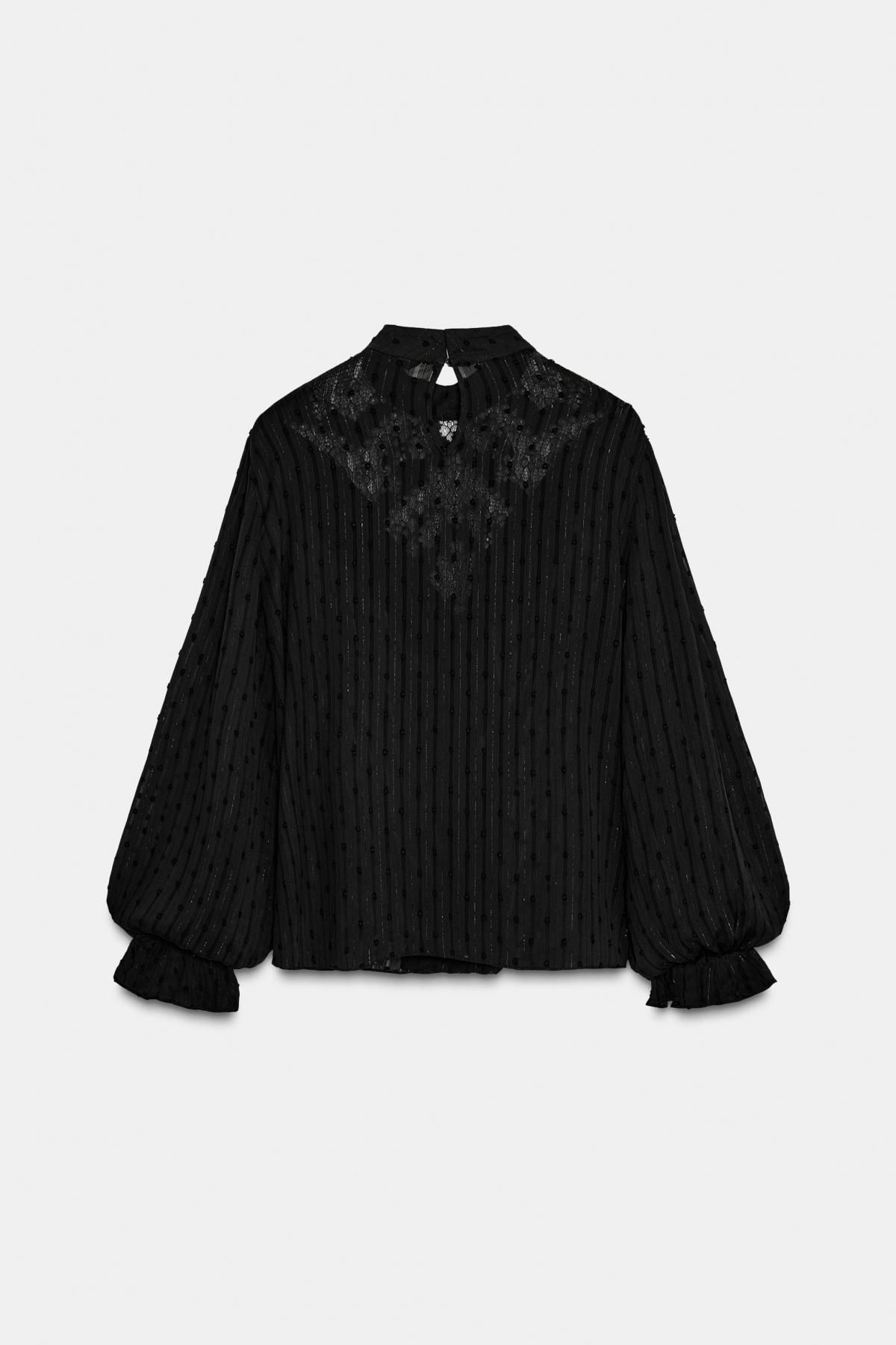 자라 레이스 도트 메쉬 하이넥 블라우스 2157/239 BLACK - 상세 이미지 5