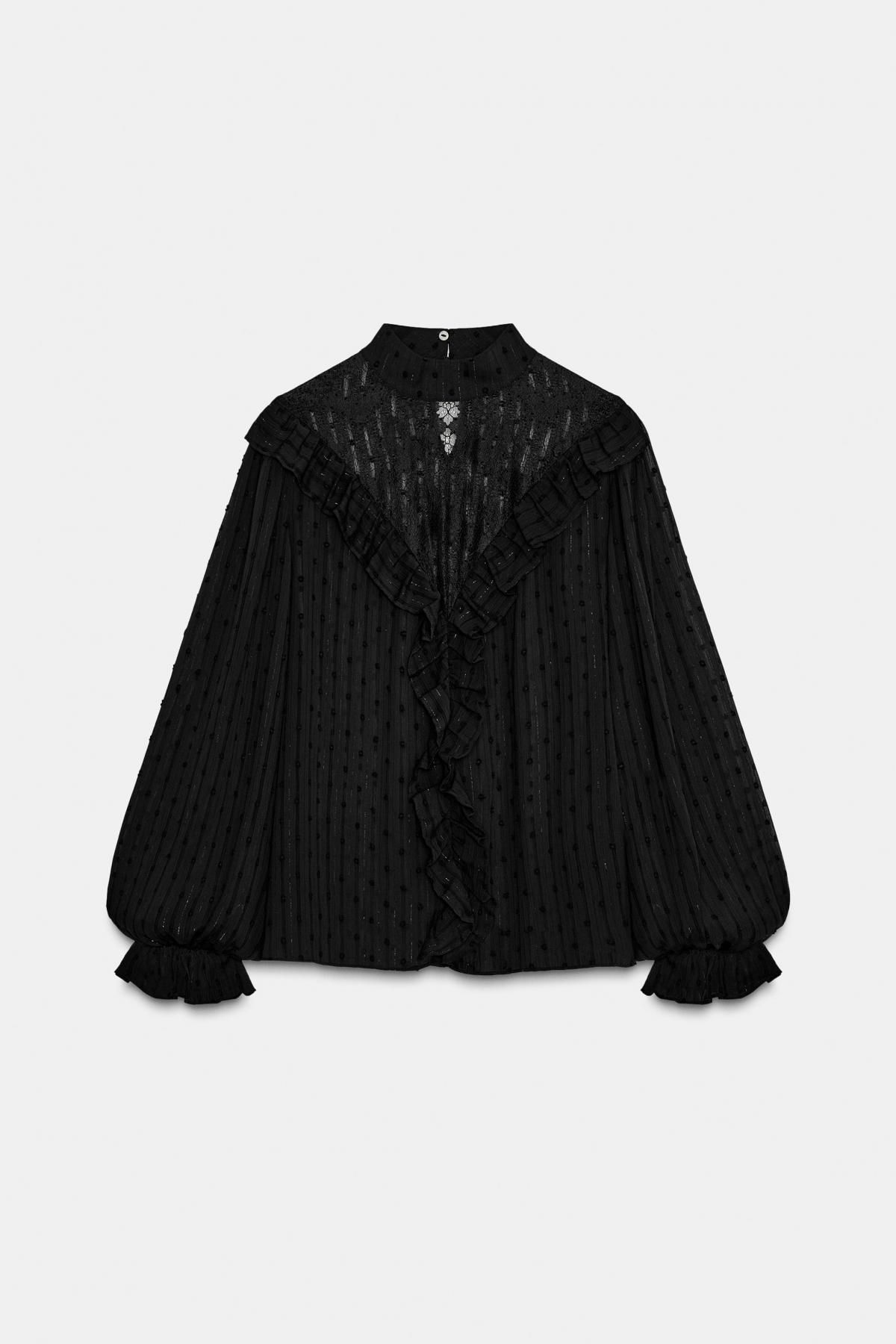 자라 레이스 도트 메쉬 하이넥 블라우스 2157/239 BLACK - 메인 이미지