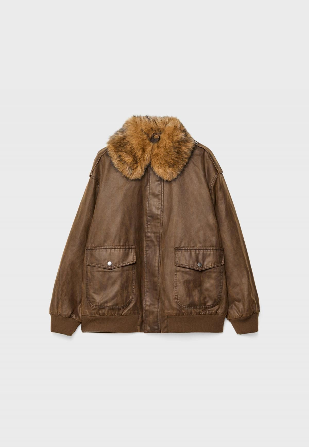 스트라디바리우스 테크니컬 페이크퍼 카라 브라운 롱 재킷 8483/721 BROWN - 상품 이미지