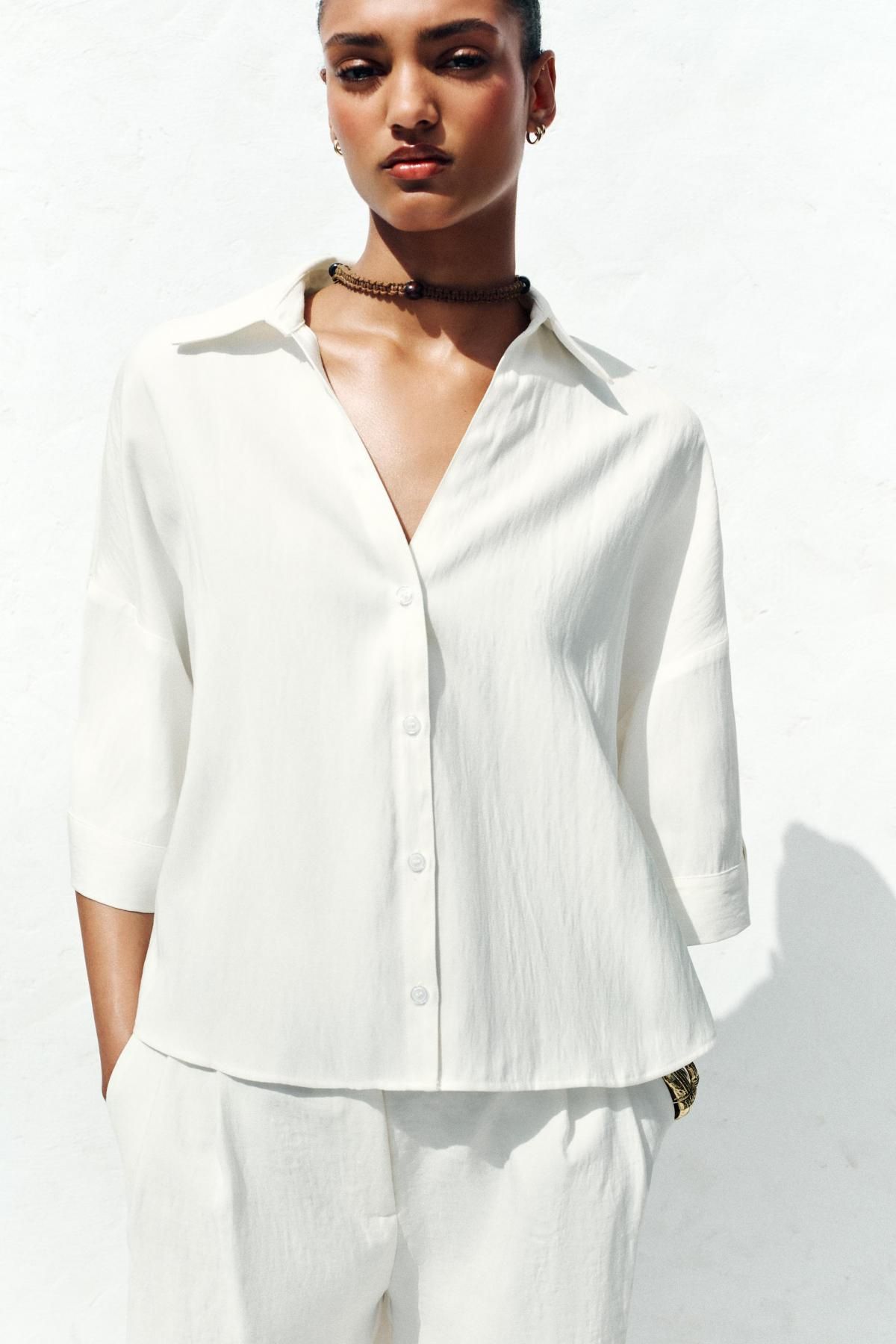 자라 미니멀 와이드 반팔 셔츠 8372/225 OYSTER-WHITE - 상세 이미지 3