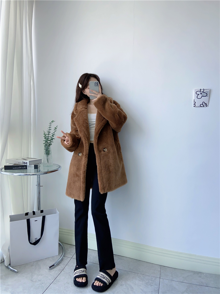 여성 울100 시어링 하프코트 천연양모 테디베어 뽀글이 겨울 코트 - 상세 이미지 5