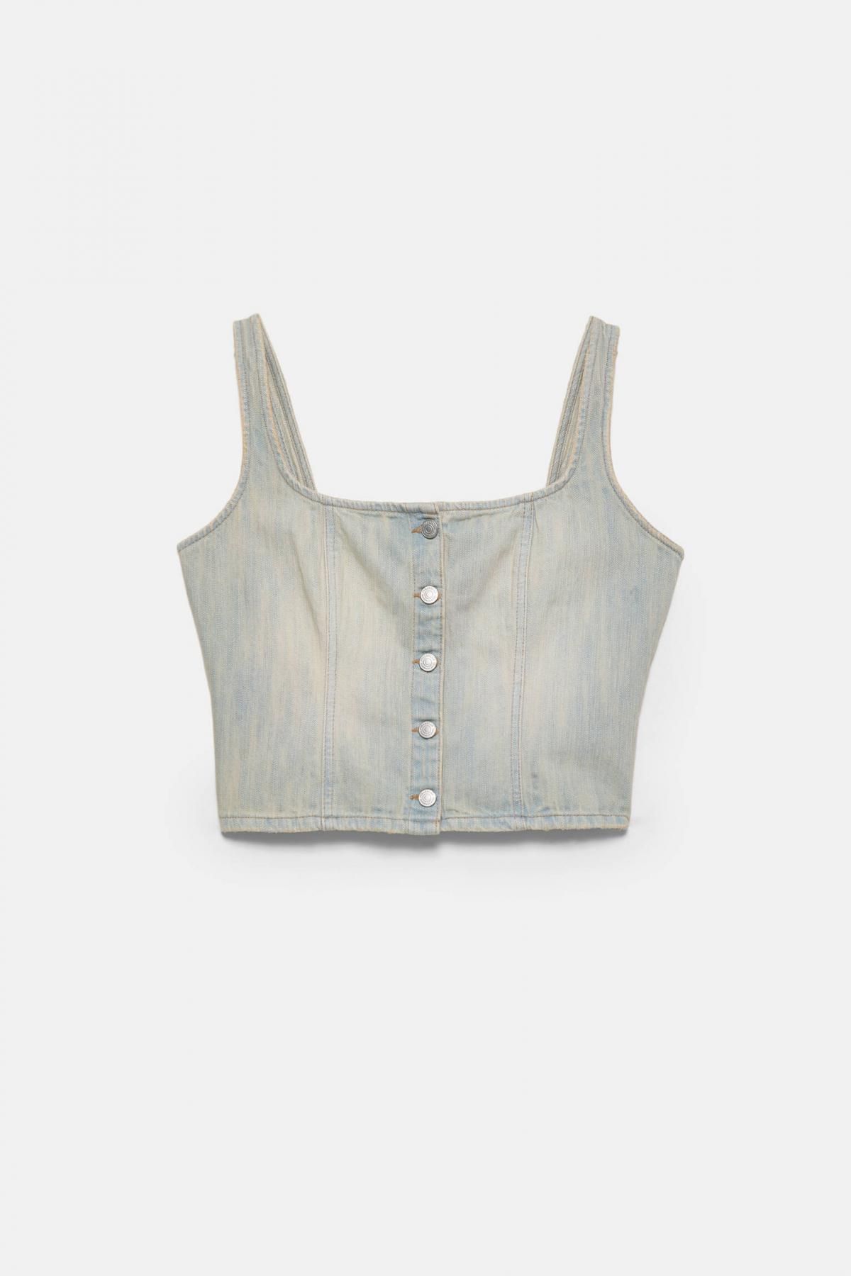 풀앤베어 스퀘어넥 버튼 코르셋 스트랩 데님 크롭 탑 7474/317 PALE BLUE - 상품 이미지