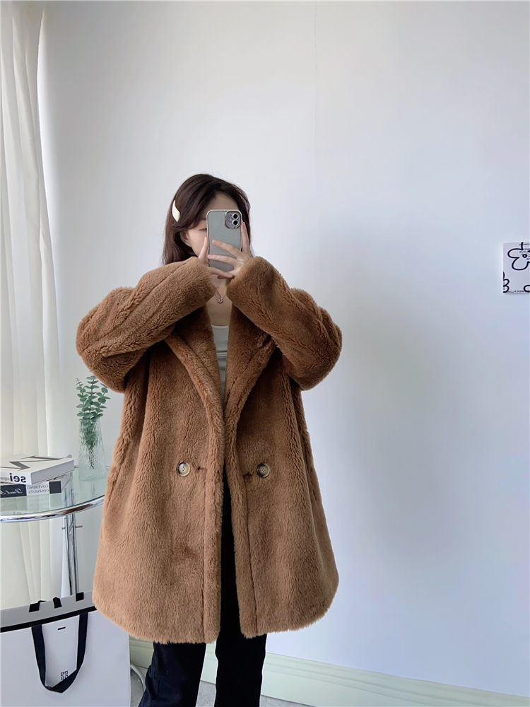 여성 울100 시어링 하프코트 천연양모 테디베어 뽀글이 겨울 코트 - 상세 이미지 4