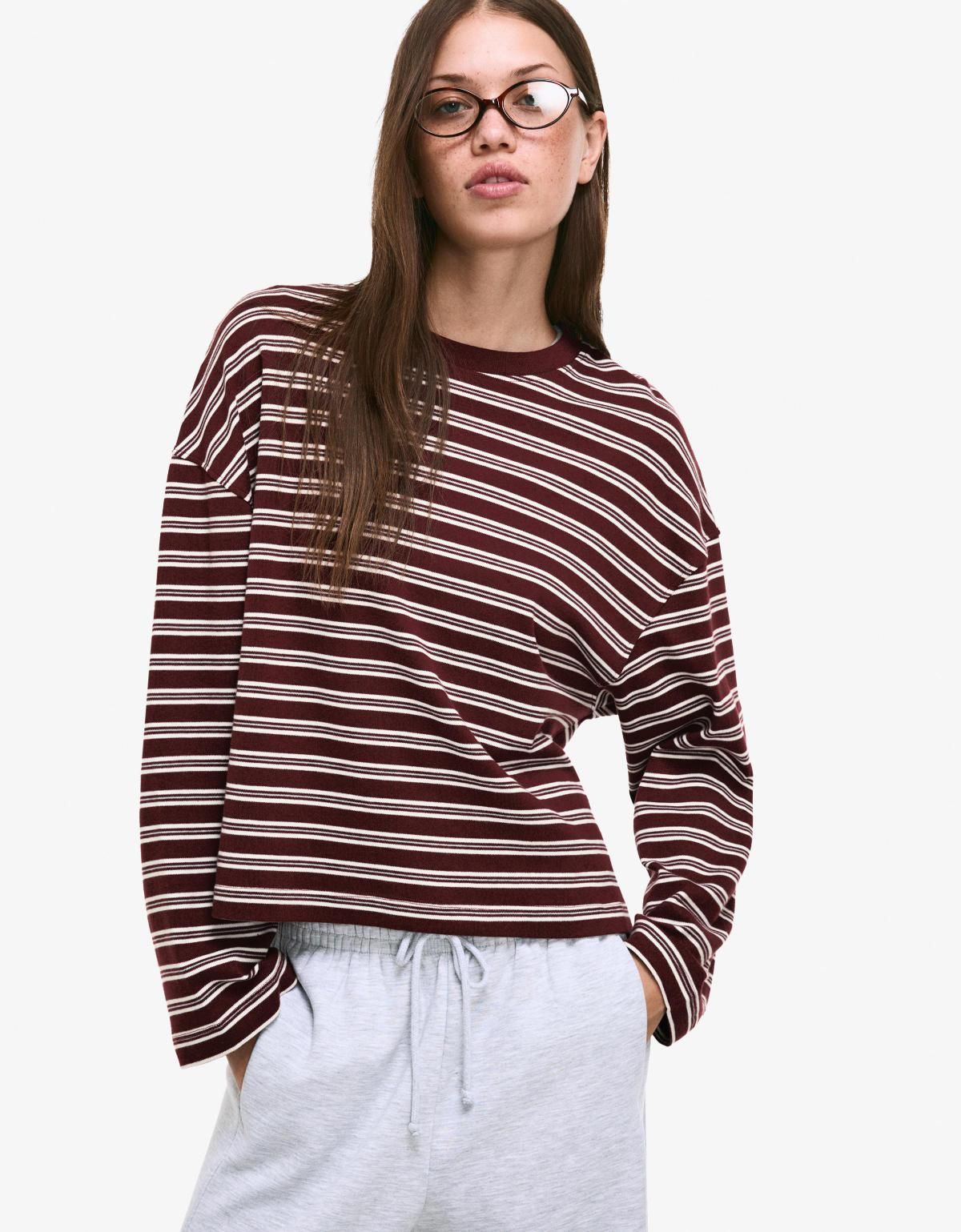 버쉬카 스트라이프 크롭 긴팔 티셔츠 7547/443 BURGUNDY - 상세 이미지 2