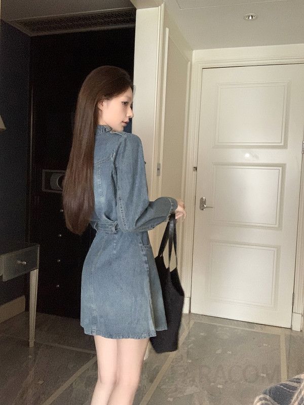 여성 가을 카라 벨티드 데님 롱 원피스 A라인 퍼프소매 워싱 청 셔츠 드레스 - 상세 이미지 3